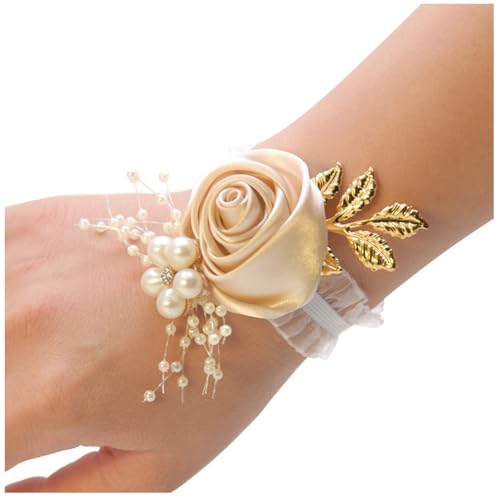 Wisafory Handgelenk Corsage Blumen Armband Korsage Blätter Braut Brautjungfer Hand Blume Seidenblume mit Perle Armbänder Handgelenkblume Zubehör für Hochzeit Bankette Abschlussball Champagner 1pcs von Wisafory