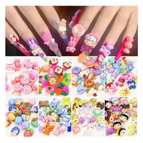 Wisafory Kawaii Lot de 160 breloques 3D Pour Nail Art - Charmes mignons - Assortiment de Fleurs - Bonbons - Animal - Fruits - Résine - DOS plat - Ornements Pour bricolage von Wisafory