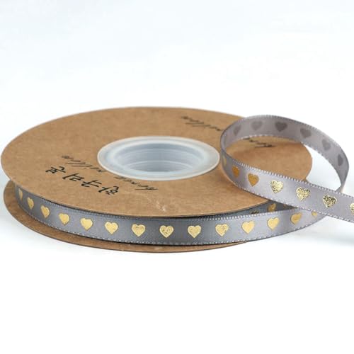 Wisafory Satinband 45m x 10mm Herz Bedrucke Dekoband Geschenkband Gold Leinenband Satin Schleifenband Stoffband Zierband für DIY Basteln Hochzeit Geburtstag Geschenkverpackung Grau von Wisafory