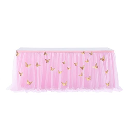 Wisafory Tischrock Tüll Tischröcke Tischdecke Tischdeko mit Schmetterling Schreibtisch Gaze Tischbekleidung Tischdekoration für Party, Hochzeit, Taufe, Bankett Rosa L122cm×H77cm von Wisafory