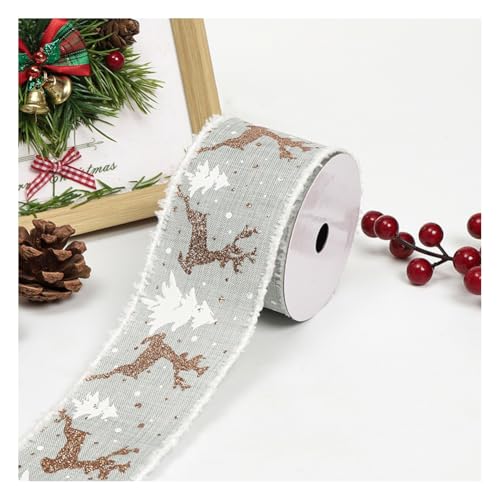 Wisafory Weihnachtsband Hirsch mit Draht Geschenkband Schleifenband Glitzer Band Stoffband für Geschenkverpackung Weihnachten Hochzeit Schleifenherstellung DIY Basteln 6.3cm x 5 Yards Hellgrau von Wisafory