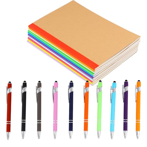 Wisebom 20 Stück Notizheft mit Regenbogen Rücken und Kugelschreiber Set, 1.0 mm Kugelschreiber mit Touchpen Kraft Notizbücher Notizbuch A5 für Büro und Haushalt von Wisebom