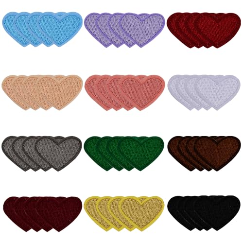 Wisebom Herzform Gestickte Applikation Aufnäher zum Aufbügeln, 48Pcs Bunte Bügelbilder Herz Bügelflicken, Mini Stickerei Aufnäher Reparieren Dekoration für DIY Kleidung Hüte Tasche von Wisebom