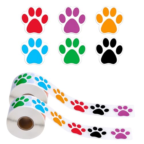 Wisebom Hunde Pfoten Druck Aufkleber, 2Rolle/1000Stk Bunte Hundepfoten Etiketten Aufkleber, Bärentatze Tierpfotenabdruck Aufkleber für Scrapbook Wandtattoo Dekoration von Wisebom