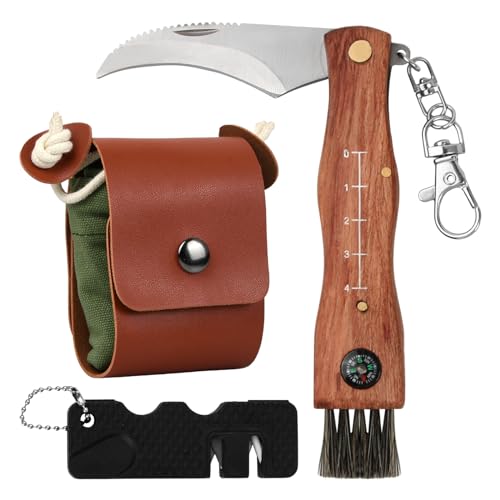 Wisebom Pilzmesser mit Bürste und Lineal, Taschenmesser mit Canvas Bushcraft Tasche Edelstahl Trüffel Taschenmesser mit Schlüsselring Schwammerlmesser Klappmesser Messer (Armeegrün) von Wisebom