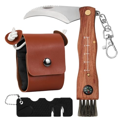 Wisebom Pilzmesser mit Bürste und Lineal, Taschenmesser mit Canvas Bushcraft Tasche Edelstahl Trüffel Taschenmesser mit Schlüsselring Schwammerlmesser Klappmesser Messer (Schwarz) von Wisebom