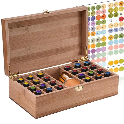 WishesMar 25 Löcher Aufbewahrungs-box Ätherische Öle aus Bambus - Holzkiste Bietet Platz für 5 10 15 ml Ätherisches Öle Flaschen - Tragbar Organisator Holzbox für Duftöle Ausstellung, Lagerung von WishesMar