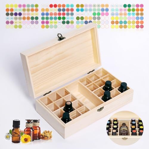 WishesMar 25 Löcher Aufbewahrungs-box Ätherische Öle aus Holz - Holzkiste Bietet Platz für 5 10 15 ml Ätherisches Öle Flaschen - Tragbar Organisator Holzbox für Duftöle Ausstellung, Lagerung von WishesMar