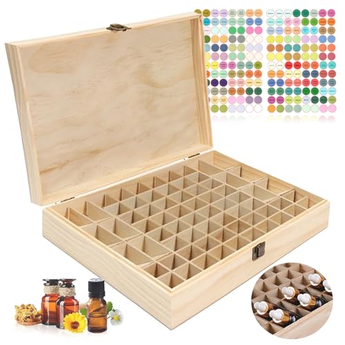 WishesMar 68 Löcher Aufbewahrungs-box Ätherische Öle aus Holz - Holzkiste Bietet Platz für 5 10 15 ml Ätherisches Öle Flaschen - Tragbar Organisator Holzbox für Duftöle Ausstellung, Lagerung von WishesMar