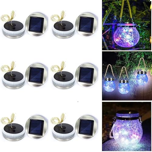 Wishlink Solar Crackle Glas Globe Jar Deckel Lichter,6Pack 30 LEDs 8cm Durchmesser Fairy Star Jar Deckel Lichter,Wasserdichte Hängende Mason Jar String Lichter Deckel Garten Decor(kein Glas)(Bunt) von Wishlink