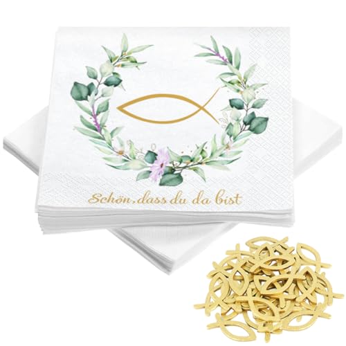 Wishstar 40 Stück servietten Taufe Tischdeko, Servietten Eukalyptu, Taufe und mehr, schön das du da bist servietten, Servietten Gold Grün, Papierservietten für Jungen und Mädchen von Wishstar