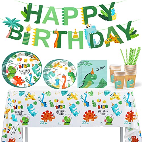 66Pcs Dinosaurier Geburtstags Geschirr Set,Dino Geschirr Kindergeburtstag，Dinosaurier Geburtstag Party Supplies Set Deko ，Grün Pappteller Becher Strohhalme Servietten Banner Geburtstagsfeier Junge von Wishstar