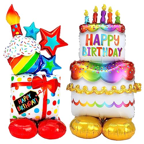 Folienballon Happy Birthday XXL,Happy Birthday Luftballon Stehend,Geburtstagsballons Aufblasbare Torten und Geschenk,Helium Ballon Geburtstag Party Dekoration Für Kinder Junge Mädchen und Erwachsene von Wishstar