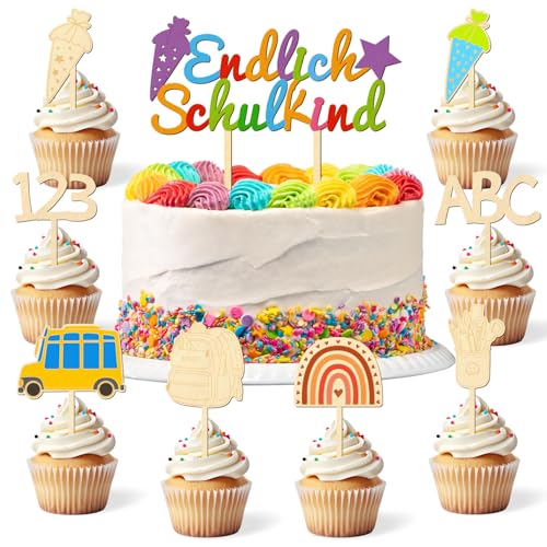 Tortendeko Einschulung, Kuchen Deko Schulanfang, Holz Schuleinführung Tortendeko, Cake Topper Schulkind, Zuckertüte ABC 123, Endlich Schulkind Schultag Party Deko für Junge Mädchen von Wishstar