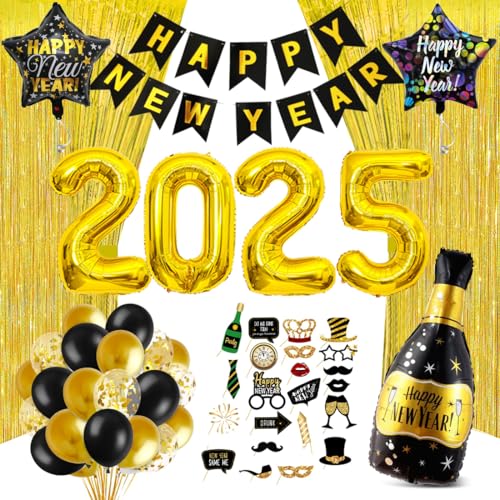 Silvester Deko 2025 Gold, 53 Stück Silvester Party Dekoration Set, Happy New Year Banner Konfetti Luftballon, Stern Champagnerflasche Folienballon Neujahrsdeko Accessoire für Silvesterparty von Wishstar