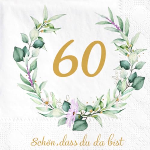 Wishstar 40 Stück Servietten 60. Geburtstag, Servietten Eukalyptus Geburtstag, schön das du da bist servietten, Servietten Geburtstag Gold Grün, Papierservietten für Mann Frau 60. Geburtstag Deko von Wishstar