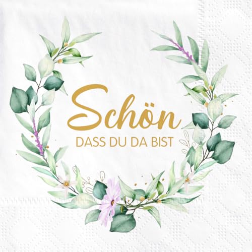 Wishstar 40 Stück servietten Tischdeko, schön das du da bist servietten, Hochzeit Servietten Eukalyptus Grün, Salbeigrün Servietten, Konfirmation, Taufe Tischdeko, Lavendelsäckchen mit Lavendelblüten von Wishstar