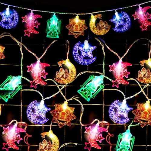 Wishstar 9,8Fuß Ramadan Lichterketten 20 LED(Farbige), Eid Mubarak Stern Mond Lichterketten, Muslim Ramadan Party LED Fee Licht, Feiern Lichterketten Batteriebetrieben für Eid Mubarak Dekor von Wishstar