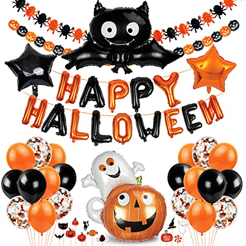 Wishstar Happy Halloween Girlande Ballons Set, Halloween Deko Set, Pentagramm Fledermaus Folienballons, Kürbisse und Spinnen Ballons, Halloween Girlande Set, Ballons fur Halloweenparty Kinder von Wishstar