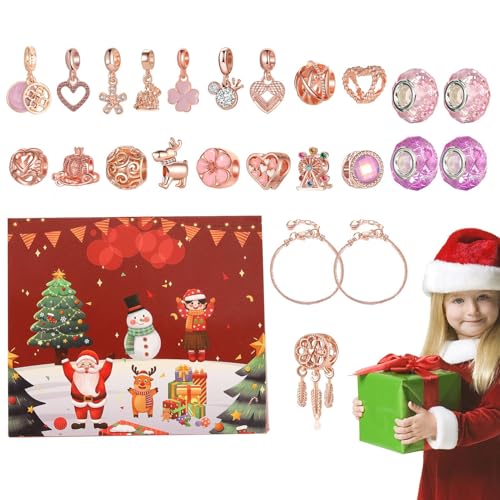 Adventskalender 2024 Mädchen | Bettelarmband Weihnachten Countdown Kalender Charm Armband Herstellung Kit für Mädchen, Schmuckset inklusive 24 Perlen, 2 Armbänder rot von Wisylizv