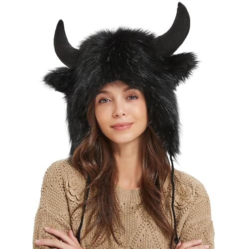 Bison Horn Hut | Gemütlicher Büffelhut für Damen & Herren | Pelziger Tier-Cosplay-Hut für draußen und Winterspaß von Wisylizv