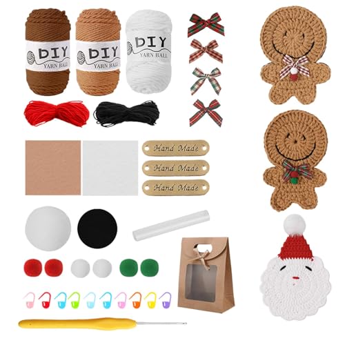 Weihnachts-Häkelsets – Anfänger-Strickset mit Video-Tutorials – Lebkuchenmann und Weihnachtsmann-Garn-Set für Erwachsene und Junioren – inklusive 3 Untersetzern für Urlaubsbasteln von Wisylizv