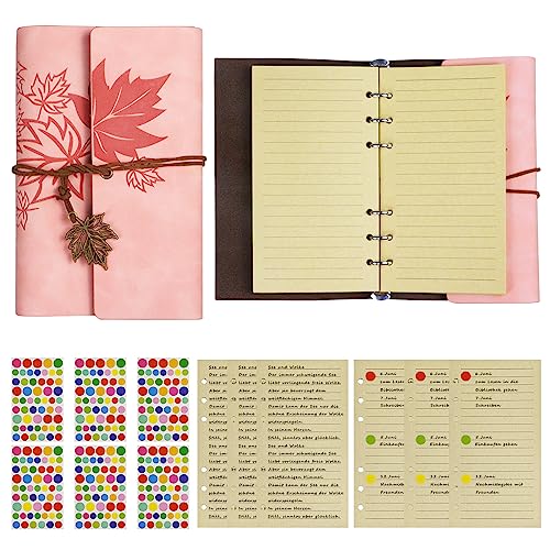 Leder Notizbuch A6 Ring Binder,tragbares Hauptbuch für Reisen Business-Loseblatt-Notizbuch,und Markierungsaufkleber (Rosa) von WithFlying