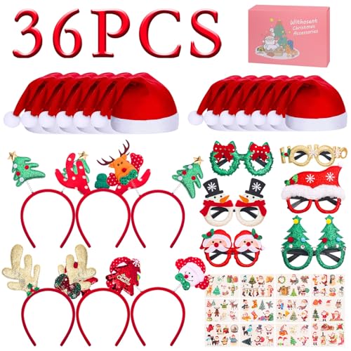 Withosent 36 Stück Weihnachts Accessoires, 6 Haarreif Weihnachten Stirnband, 6 Weihnachtsbrille, 12 Weihnachtsmützen, 12 Tattoo mit Geschenkbox zum Weihnachten Party für Erwachsene und Kinder von Withosent