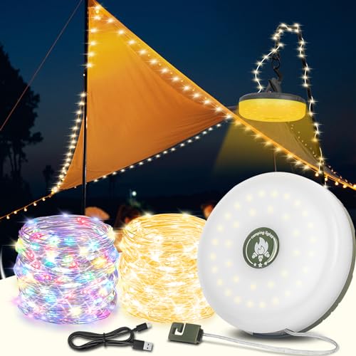 Withosent Camping Lichterkette Aufrollbar, 10M Wasserdichte Tragbare LED Verstaubare Lichterkette für den Außen mit 8 Modi, Campinglampe über USB mit Haken, Außenlichterketten für Camping und Wandern von Withosent