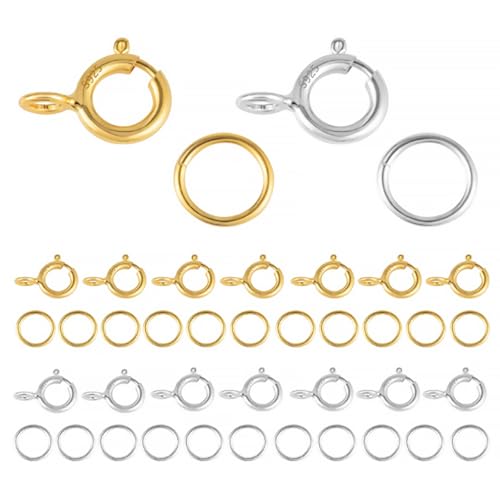 Wjelet 40 Stück Kettenverschluss Federverschlüsse Silber 925 Federschnalle, Offene Biegeringe 20 Stück Schmuckherstellung Set Armbänder, Halskette Verlängerungskette Silber Gold von Wjelet