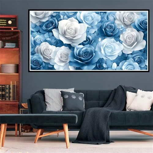 5D Blaue Blume Diamond Painting, Diamant Painting Bilder Blume Diamond Painting Erwachsene Groß XXL, Runder Vollbohrer Diamanten Malerei Kreuzstich Bastelset für Wanddeko Schlafzimmer, 90x180cm Z-2088 von Wjffnzbz