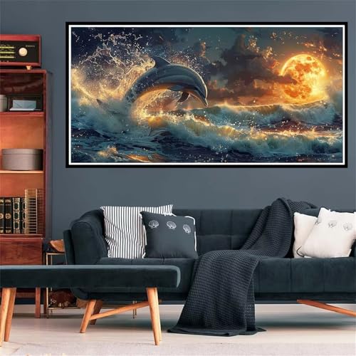 5D Diamond Painting Delphin Diamant Painting Bilder Mond Diamond Painting Erwachsene Bastelset, DIY Diamant Kunst Malerei Stickerei Kreuzstich Bilder Paintings Set, Deko Wohnzimmer 100x300cm Z-1840 von Wjffnzbz