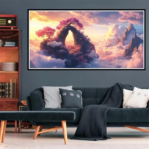 5D Diamond Painting Kirschblüten Diamant Painting Bilder Bergspitze Diamond Painting Erwachsene Bastelset, Diamant Kunst Malerei Stickerei Kreuzstich Paintings Set, Deko Wohnzimmer 100x200cm Z-1899 von Wjffnzbz