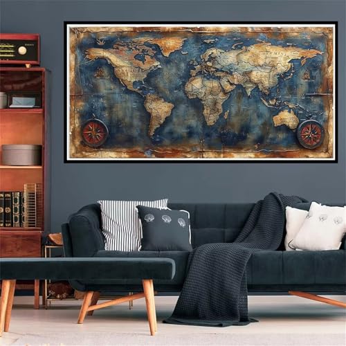 5D Diamond Painting Retro Diamant Painting Bilder Weltkarte Diamond Painting Erwachsene Bastelset, DIY Diamant Kunst Malerei Stickerei Kreuzstich Bilder Paintings Set, Deko Wohnzimmer 100x200cm Z-1689 von Wjffnzbz