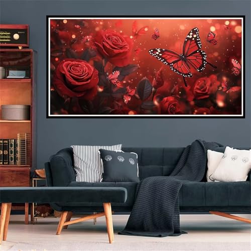 5D Diamond Painting Schmetterling Diamant Painting Bilder Rote Rose Diamond Painting Erwachsene Bastelset, Diamant Kunst Malerei Stickerei Kreuzstich Paintings Set, Deko Wohnzimmer 100x200cm Z-2289 von Wjffnzbz