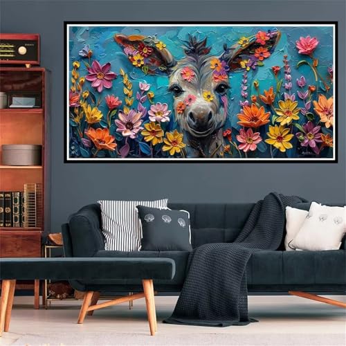 5D Esel Diamond Painting, Diamant Painting Bilder Bunte Blumen Diamond Painting Erwachsene Groß XXL, Runder Vollbohrer Diamanten Malerei Kreuzstich Bastelset für Deko Schlafzimmer, 100x200cm Z-1669 von Wjffnzbz