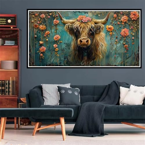 5D Hochlandrinder Diamond Painting, Diamant Painting Bilder Blume Diamond Painting Erwachsene Groß XXL, Runder Vollbohrer Diamanten Malerei Kreuzstich Bastelset für Deko Schlafzimmer, 100x200cm Z-1609 von Wjffnzbz