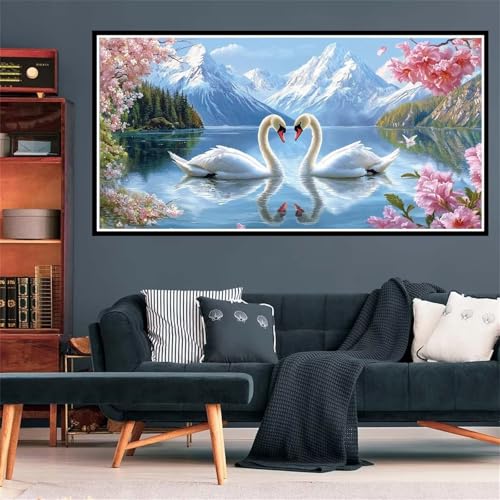 5D Schwan Diamond Painting, Diamant Painting Bilder Bergspitze Diamond Painting Erwachsene Groß XXL, Runder Vollbohrer Diamanten Malerei Kreuzstich Bastelset für Deko Schlafzimmer, 100x300cm Z-2270 von Wjffnzbz