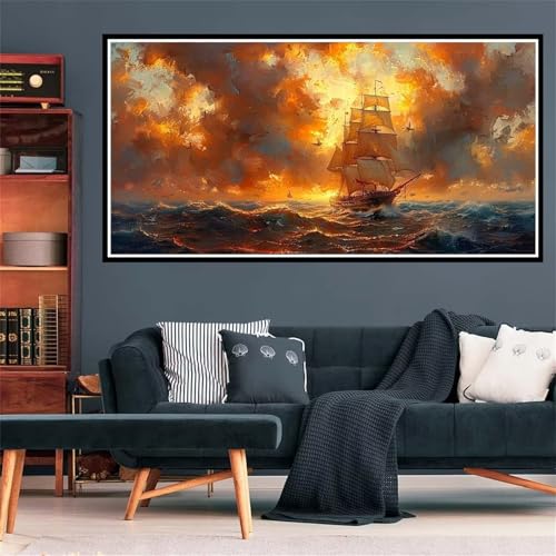 5D Segelboot Diamond Painting, Diamant Painting Bilder Ozean Diamond Painting Erwachsene Groß XXL, Runder Vollbohrer Diamanten Malerei Kreuzstich Bastelset für Wanddeko Schlafzimmer, 100x300cm Z-1700 von Wjffnzbz