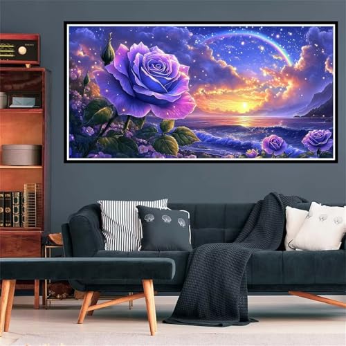 5D Strand Diamond Painting, Diamant Painting Bilder Lila Blume Diamond Painting Erwachsene Groß XXL, Runder Vollbohrer Diamanten Malerei Kreuzstich Bastelset für Deko Schlafzimmer, 100x200cm Z-2359 von Wjffnzbz