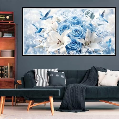 Blaue Blume Diamond Painting Erwachsene, 5D Diamant Painting Bilder Vogel Diamond Painting XXL 100x300cm, Diamond Art Anfänger Mosaikherstellung Bastelset, Deko Wohnzimmer, Geschenke für Frauen Z-2280 von Wjffnzbz