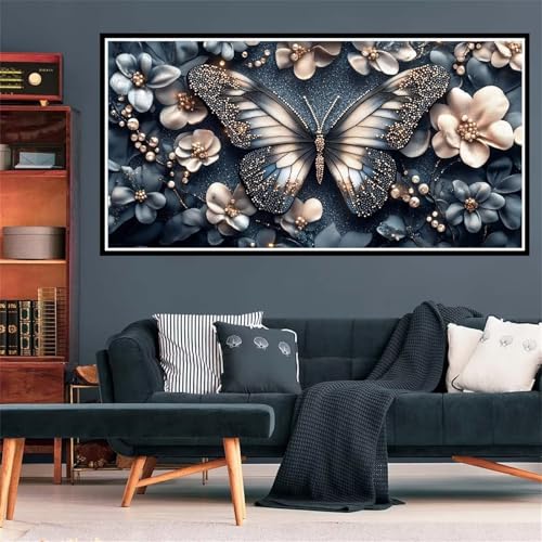 Schmetterling Diamond Painting, Diamant Painting Bilder Weiße Blumen Diamond Painting Erwachsene Groß XXL, Runder Vollbohrer Diamond Malerei Kreuzstich Bastelset für Deko Schlafzimmer, 100x200cm -2449 von Wjffnzbz