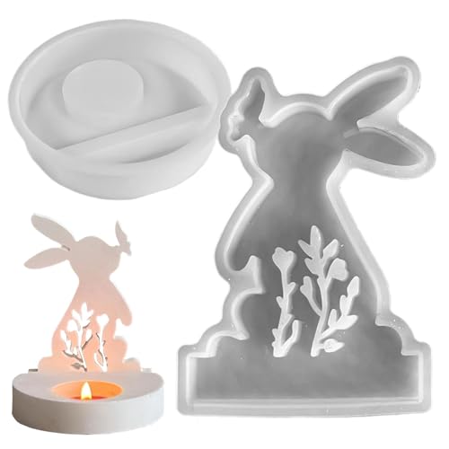 Wlikmjg Bunny Tea Light Bandles Ostern Kerzenformen Silikonformen Kerzenständer Ostern Kaninchen Silikonform Epoxidharz für Osterdekoration, 12,5 x 9 cm von Wlikmjg