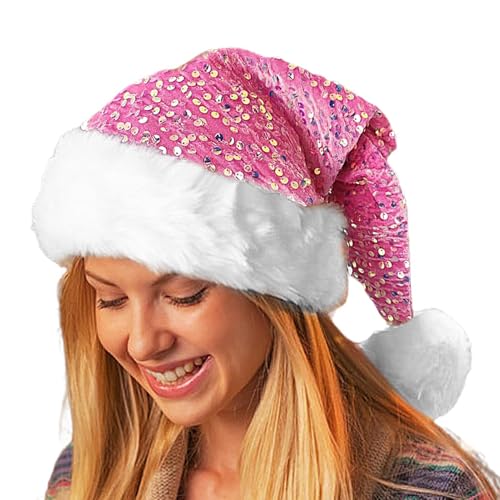 Wlikmjg Glitzernde Weihnachtsmütze für Damen, Weihnachtsmütze mit Pailletten, glänzende Pailletten und Pompon, Weihnachts-Kopfbedeckung, Frohes neues Jahr, Pailletten-Nikolausmütze, Nikolaus-Kostüm von Wlikmjg