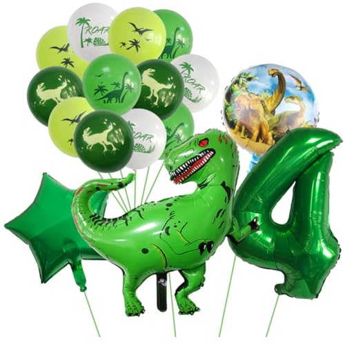 16 Stück Dino Folienballons, Deko Kinder Geburtstag Ballons, Folienballon Zahlenballon 4, Dino Luftballon Geburtstag Deko Set, Geburtstagsdeko 4 Jahre Junge für Junge Geburtstagsparty, Dino Party von Wnddle