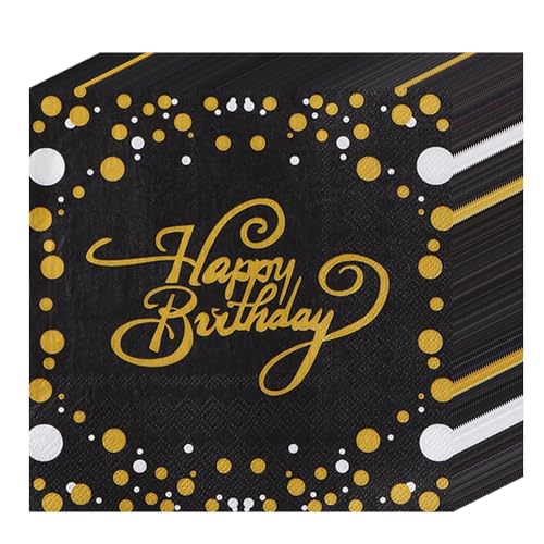 Wnddle 40 Stück Geburtstag Servietten Happy Birthday Servietten Schwarz Gold Papierservietten, Schwarz Gold Geburtstag, Servietten Geburtstag Schwarz Gold, für Junge Mädchen Geburtstag Party Deko. von Wnddle