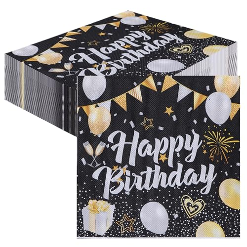 Wnddle 40 Stück Schwarz Gold Geburtstag, Geburtstag Servietten Happy Birthday Servietten Schwarz Gold Papierservietten, Servietten Geburtstag Schwarz Gold, für Junge Mädchen Geburtstag Party Deko. von Wnddle