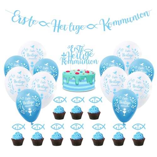 Wnddle Kommunion Girlande Deko Alles Gute zur Erstkommunion, Kommunion Deko Junge, erstkommunion tortendeko, tortenaufleger kommunion, Erste Heilige Taufdeko Banner für Jungen Mädchen Blau von Wnddle