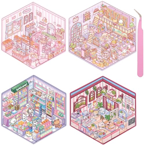 Wnqou 4 Sets DIY 3D Aufkleber - Mini simulierte Hütte & Supermarkt Bäckerei Szenen, Niedliche Cartoon-Szene Sticker für Erwachsene und Kinder, 3D House Sticker Spiele für Mädchen von Wnqou