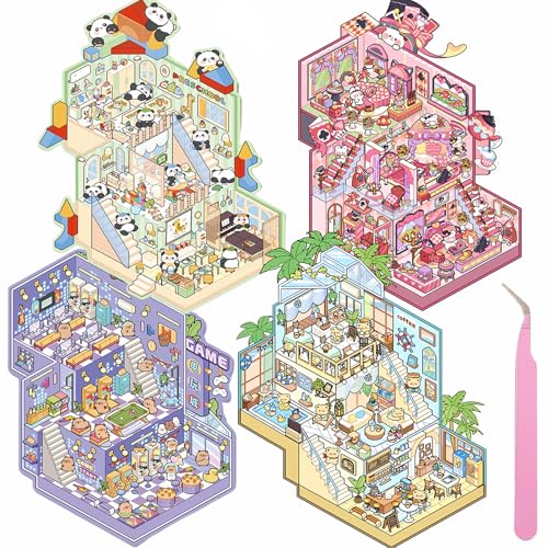 Wnqou 4 Sets DIY 3D-Haus Aufkleber, 3D-Kaffeehaus-Szene, große -Version simuliert Kabine Szene Spiel, Niedliche Cartoon-Szene Sticker für Erwachsene und Kinder, Fun Pink Castle themed Hütte Aufkleber von Wnqou